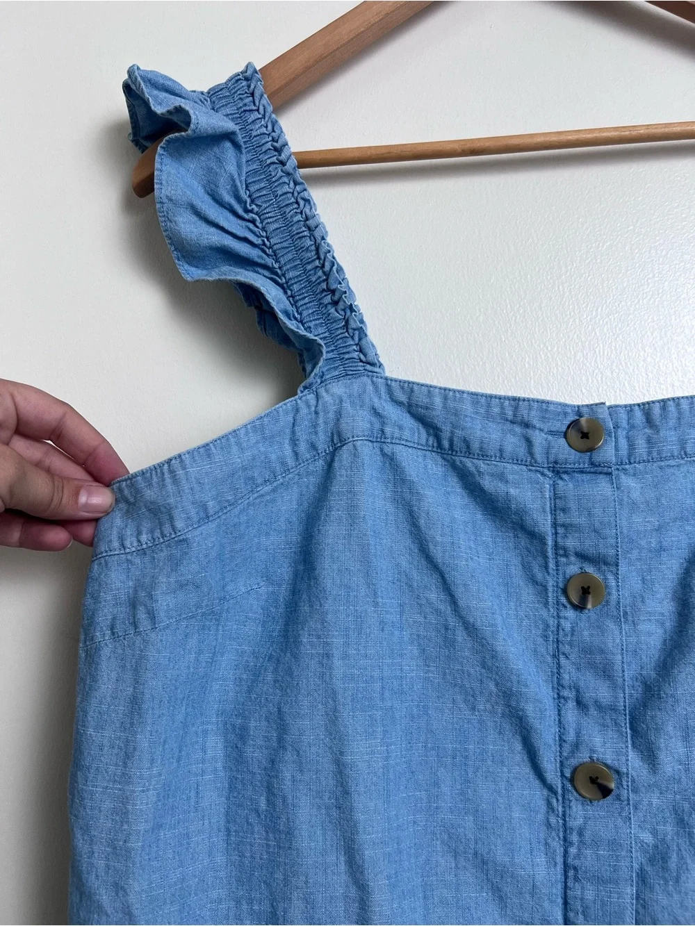 J.Crew Blue Chambray Ruffle Strap Button Front Tank Top XL 100% Cotton